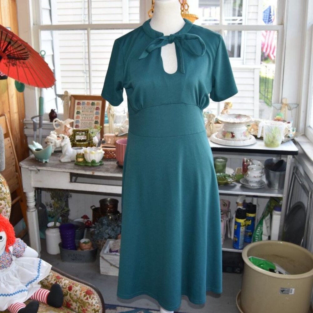 Retro Nemidor Teal Cottagecore Midi Dress Bow Keyhole Dress Size Medium